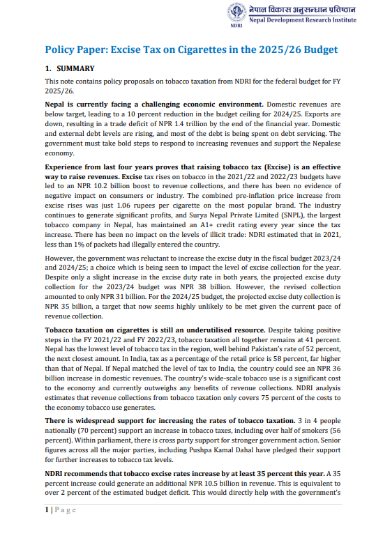 Policy Paper: Excise Tax on Cigarettes in the 2025/26 Budget